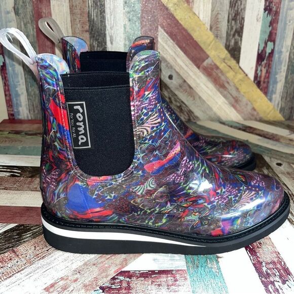 Roma Women’s Vegan Rubber Rain Boots NEW Waterproof Art22 Print Butterfly SZ 9 - Picture 6 of 14